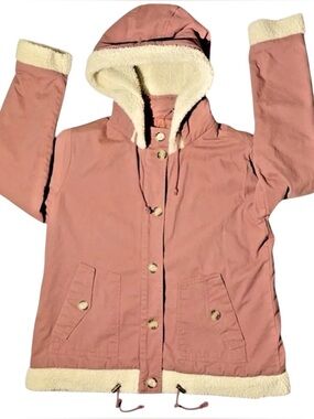 Arizona Jeans Coat Women’s Size L Sherpa Accent Trim Button-Up Rose Pink